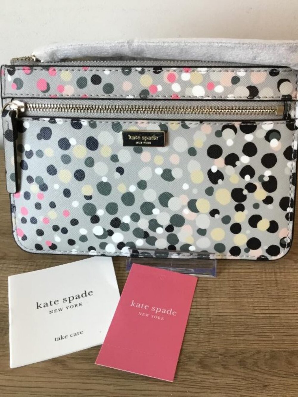 Kate Spade Shore Street Soiree Dot Grey Multi-Colored Wristlet NWT $178